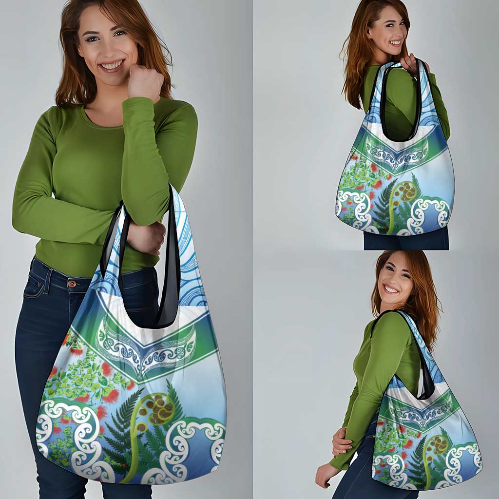 Aotearoa New Zealand Natural Plants Grocery Bag Pohutukawa with Silver Ferns Koru Frond Maori Tattoos