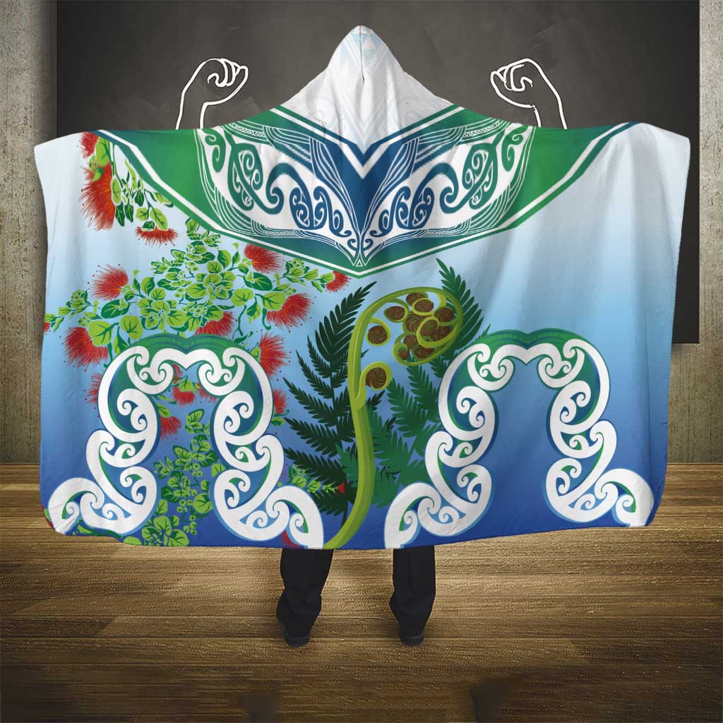 Aotearoa New Zealand Natural Plants Hooded Blanket Pohutukawa with Silver Ferns Koru Frond Maori Tattoos