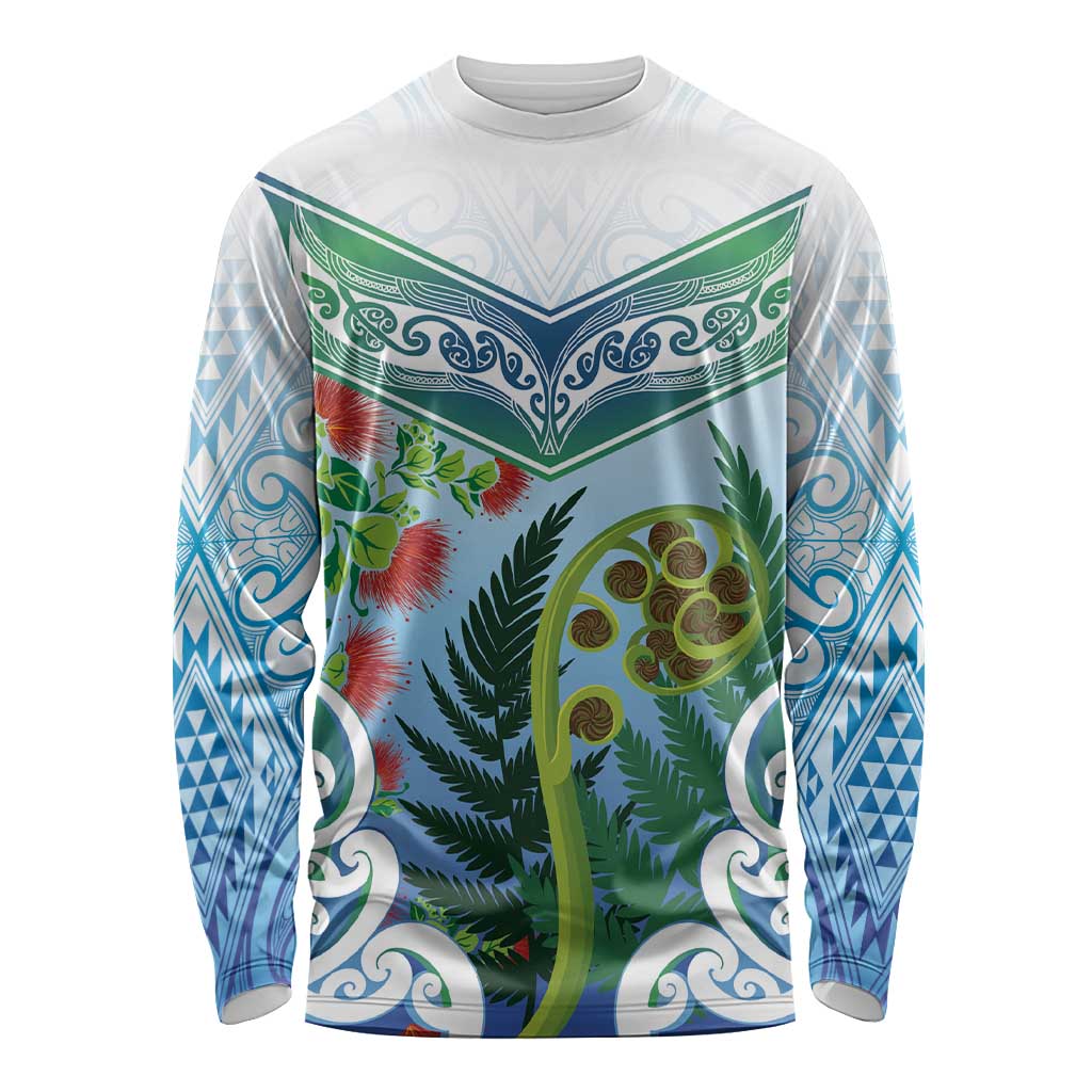 Aotearoa New Zealand Natural Plants Long Sleeve Shirt Pohutukawa with Silver Ferns Koru Frond Maori Tattoos