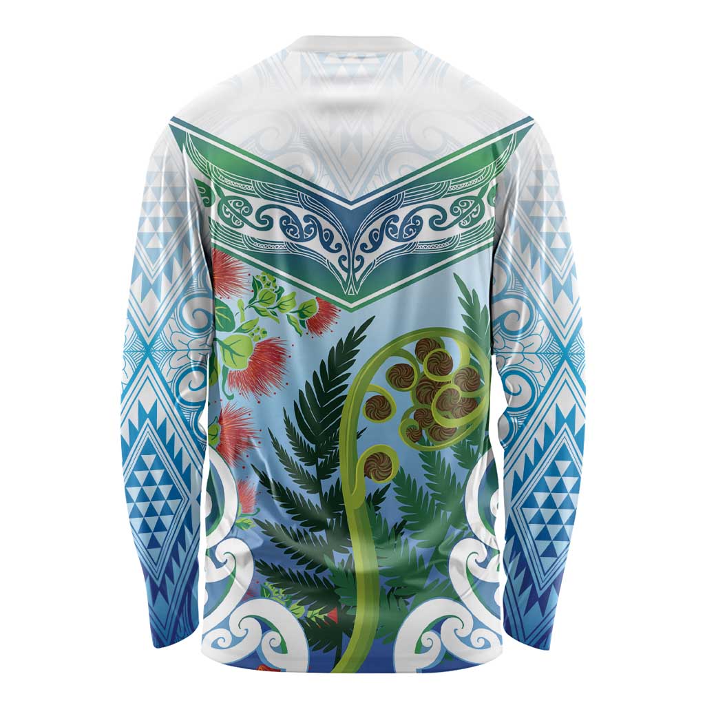 Aotearoa New Zealand Natural Plants Long Sleeve Shirt Pohutukawa with Silver Ferns Koru Frond Maori Tattoos