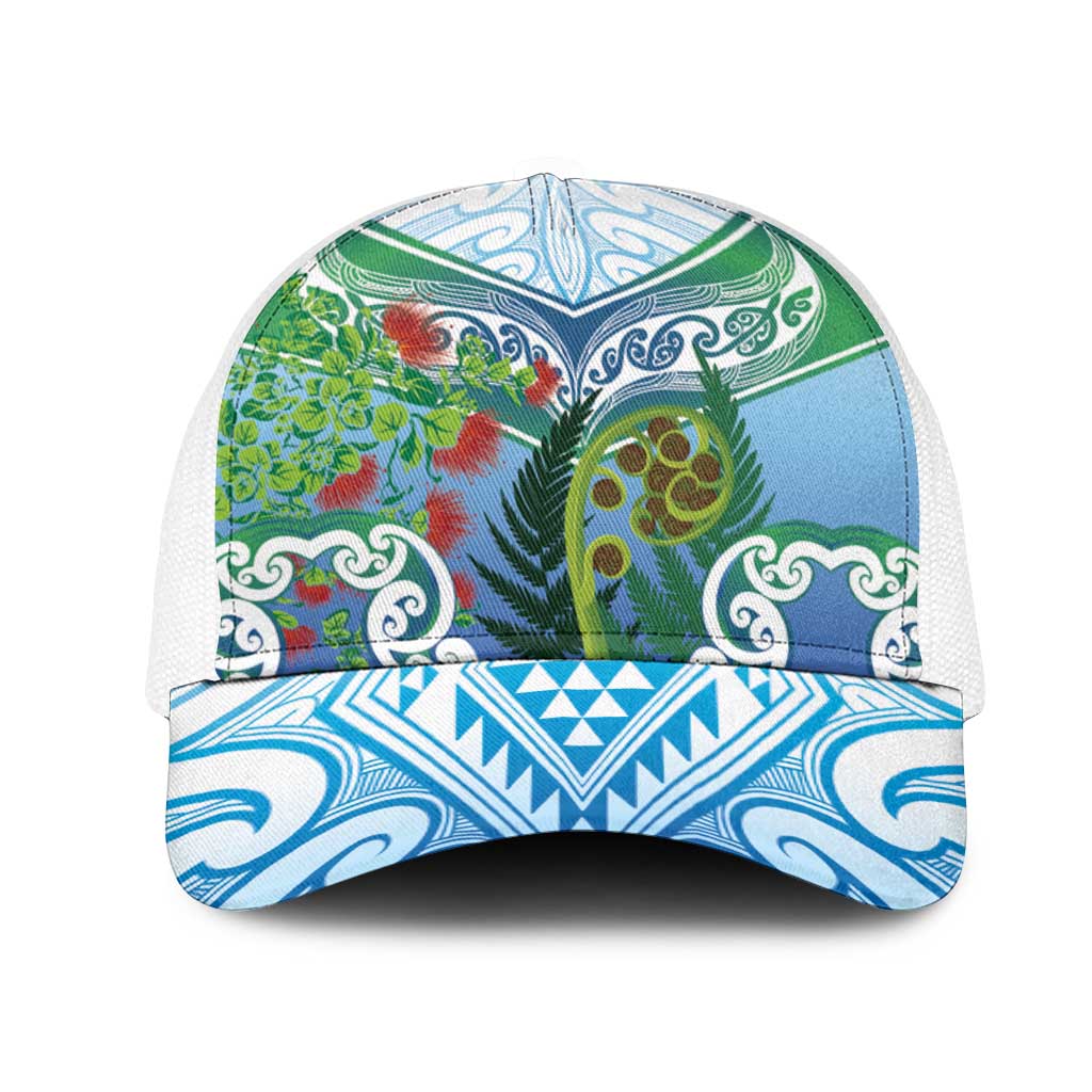 Aotearoa New Zealand Natural Plants Mesh Trucker Cap Pohutukawa with Silver Ferns Koru Frond Maori Tattoos