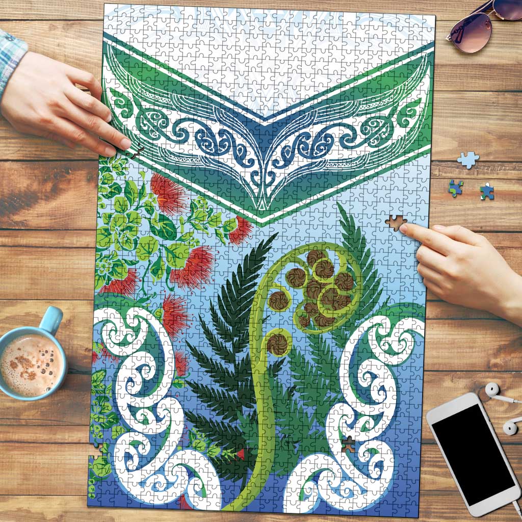 Aotearoa New Zealand Natural Plants Puzzle Pohutukawa with Silver Ferns Koru Frond Maori Tattoos