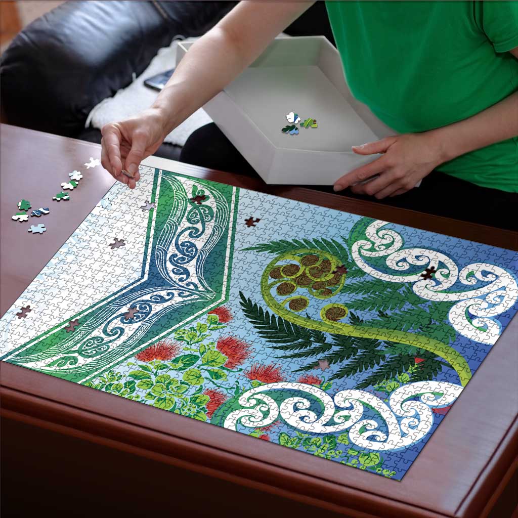 Aotearoa New Zealand Natural Plants Puzzle Pohutukawa with Silver Ferns Koru Frond Maori Tattoos