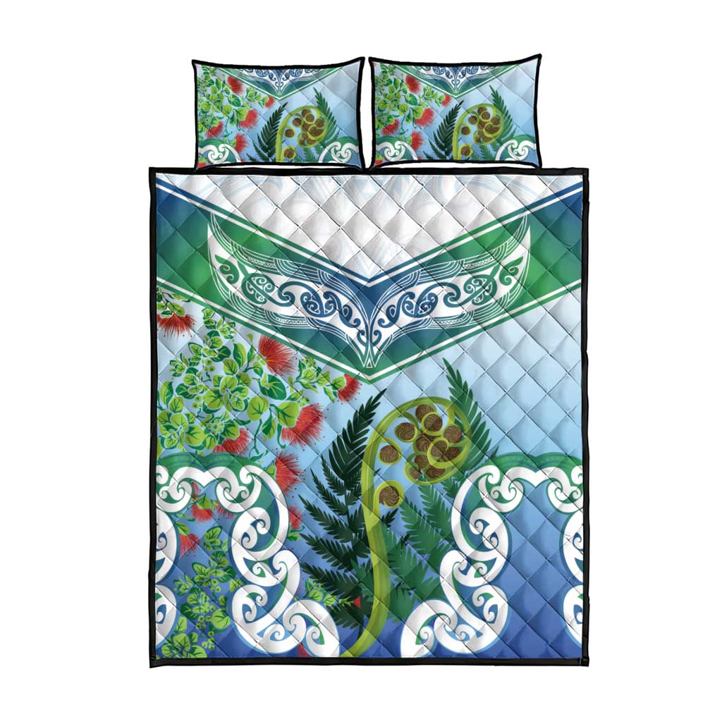 Aotearoa New Zealand Natural Plants Quilt Bed Set Pohutukawa with Silver Ferns Koru Frond Maori Tattoos