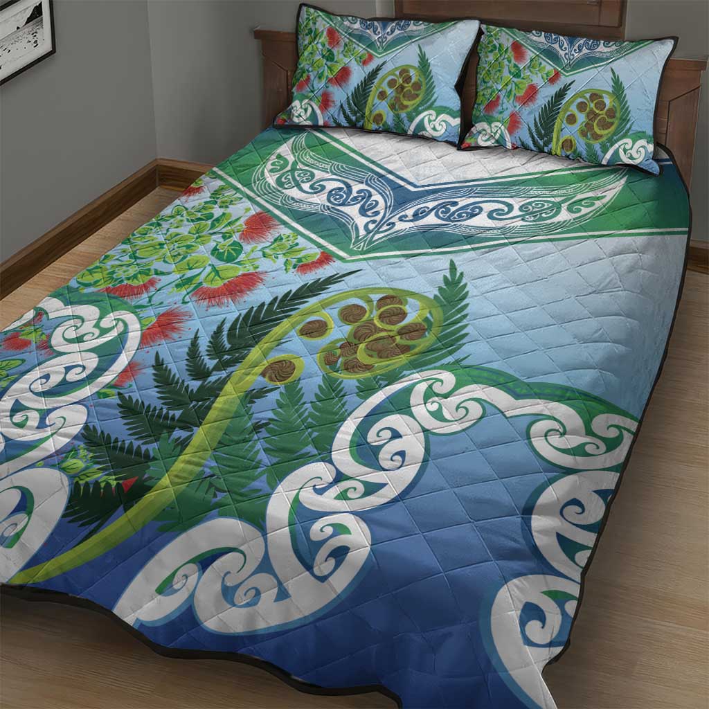 Aotearoa New Zealand Natural Plants Quilt Bed Set Pohutukawa with Silver Ferns Koru Frond Maori Tattoos