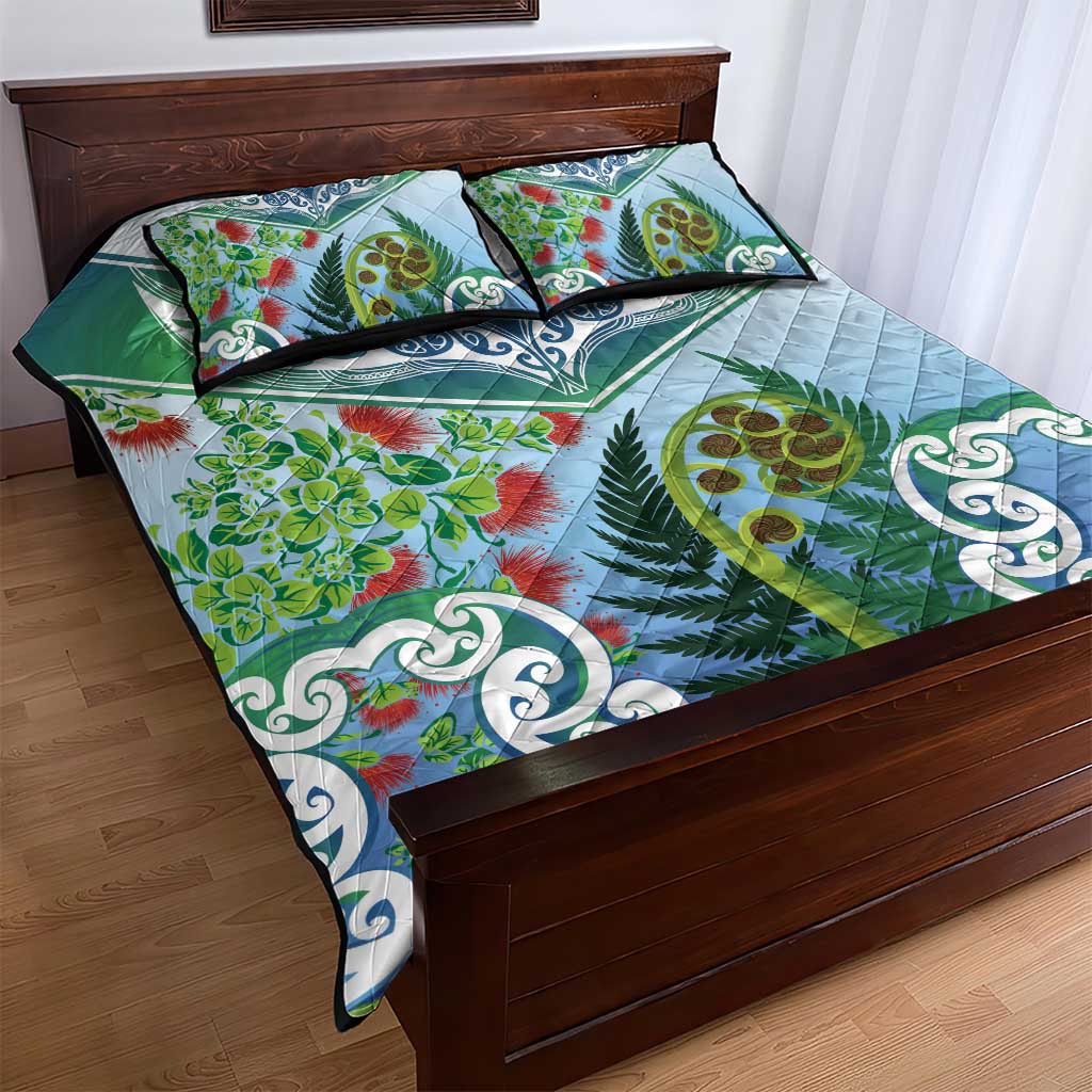 Aotearoa New Zealand Natural Plants Quilt Bed Set Pohutukawa with Silver Ferns Koru Frond Maori Tattoos