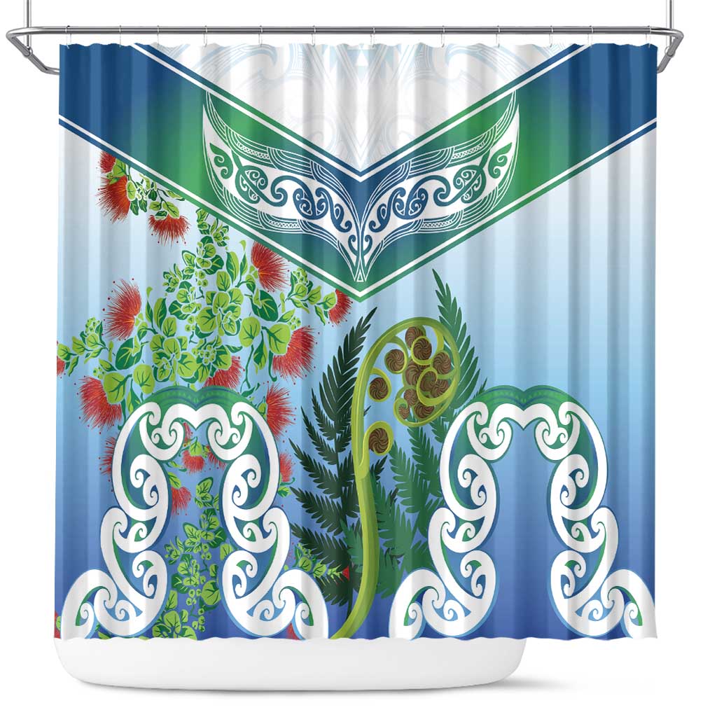 Aotearoa New Zealand Natural Plants Shower Curtain Pohutukawa with Silver Ferns Koru Frond Maori Tattoos