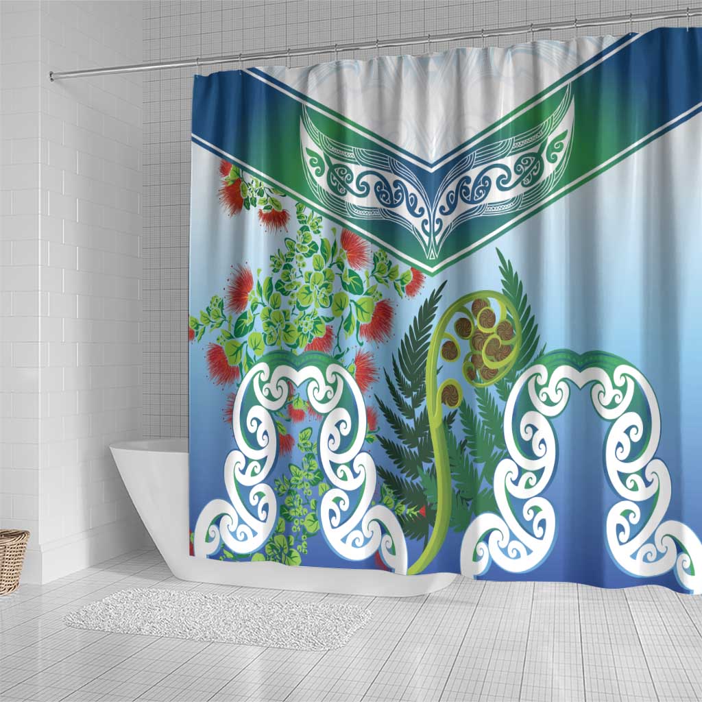 Aotearoa New Zealand Natural Plants Shower Curtain Pohutukawa with Silver Ferns Koru Frond Maori Tattoos
