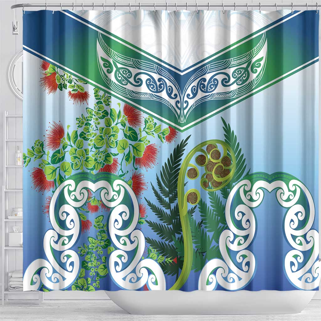 Aotearoa New Zealand Natural Plants Shower Curtain Pohutukawa with Silver Ferns Koru Frond Maori Tattoos