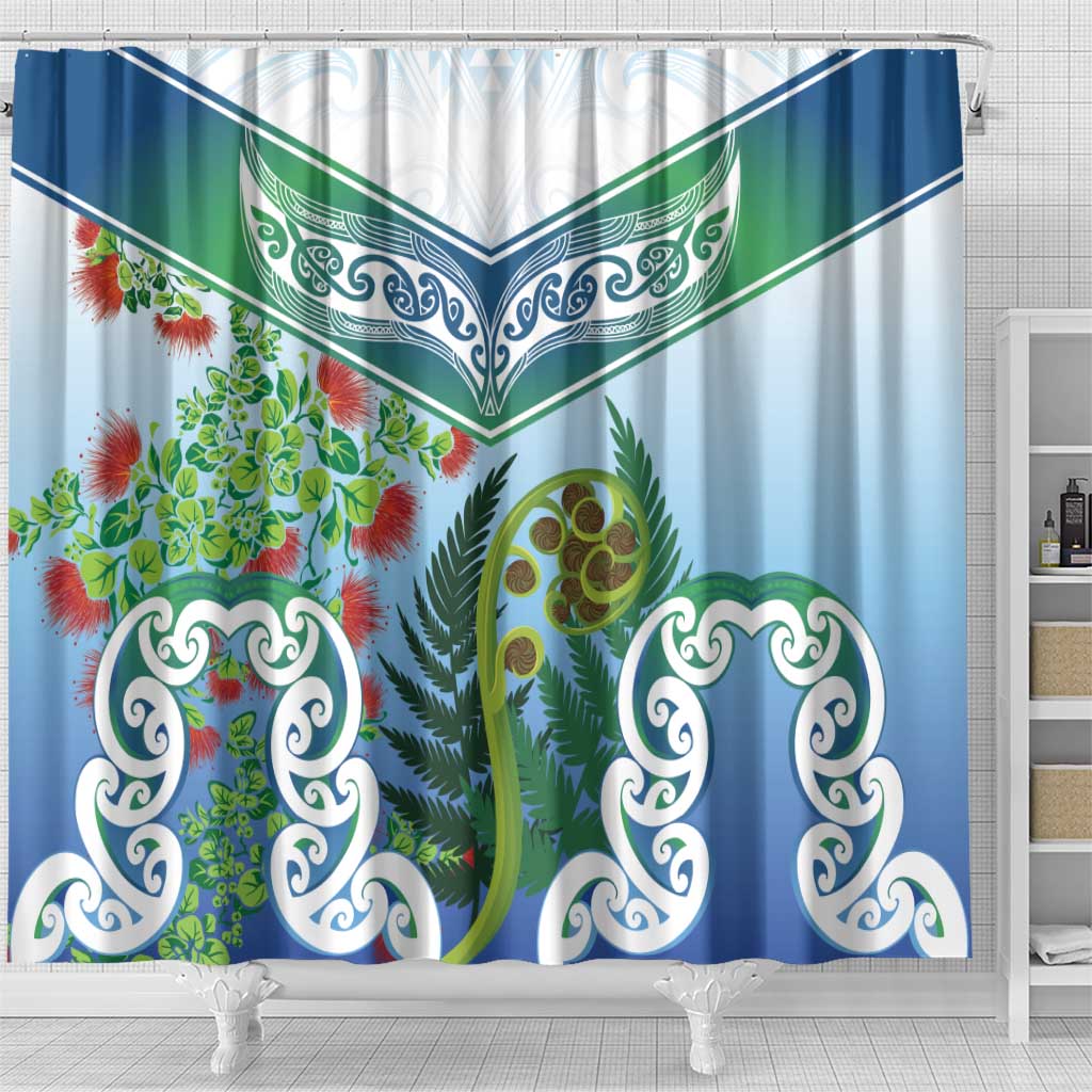 Aotearoa New Zealand Natural Plants Shower Curtain Pohutukawa with Silver Ferns Koru Frond Maori Tattoos