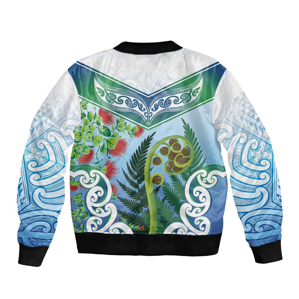 Aotearoa New Zealand Natural Plants Sleeve Zip Bomber Jacket Pohutukawa with Silver Ferns Koru Frond Maori Tattoos LT03 - Polynesian Pride