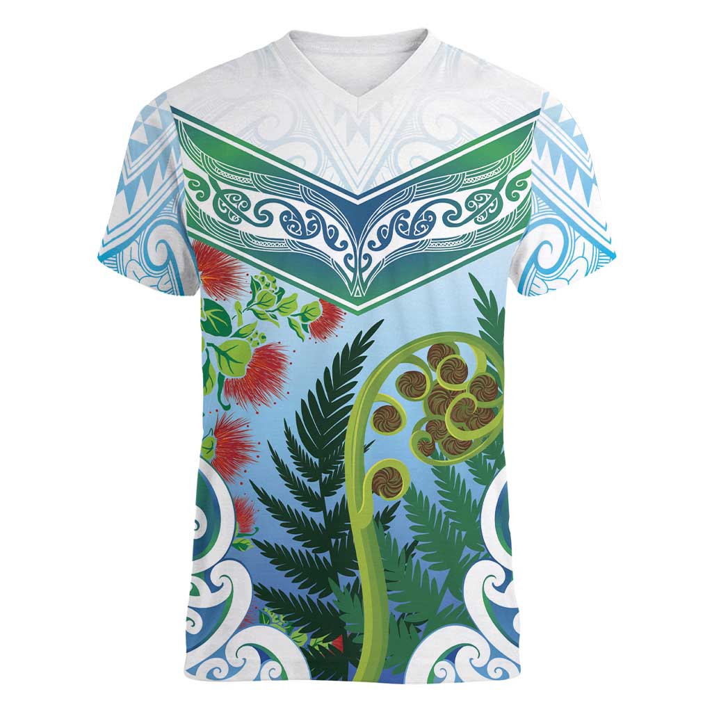 Aotearoa New Zealand Natural Plants Women V-Neck T-Shirt Pohutukawa with Silver Ferns Koru Frond Maori Tattoos