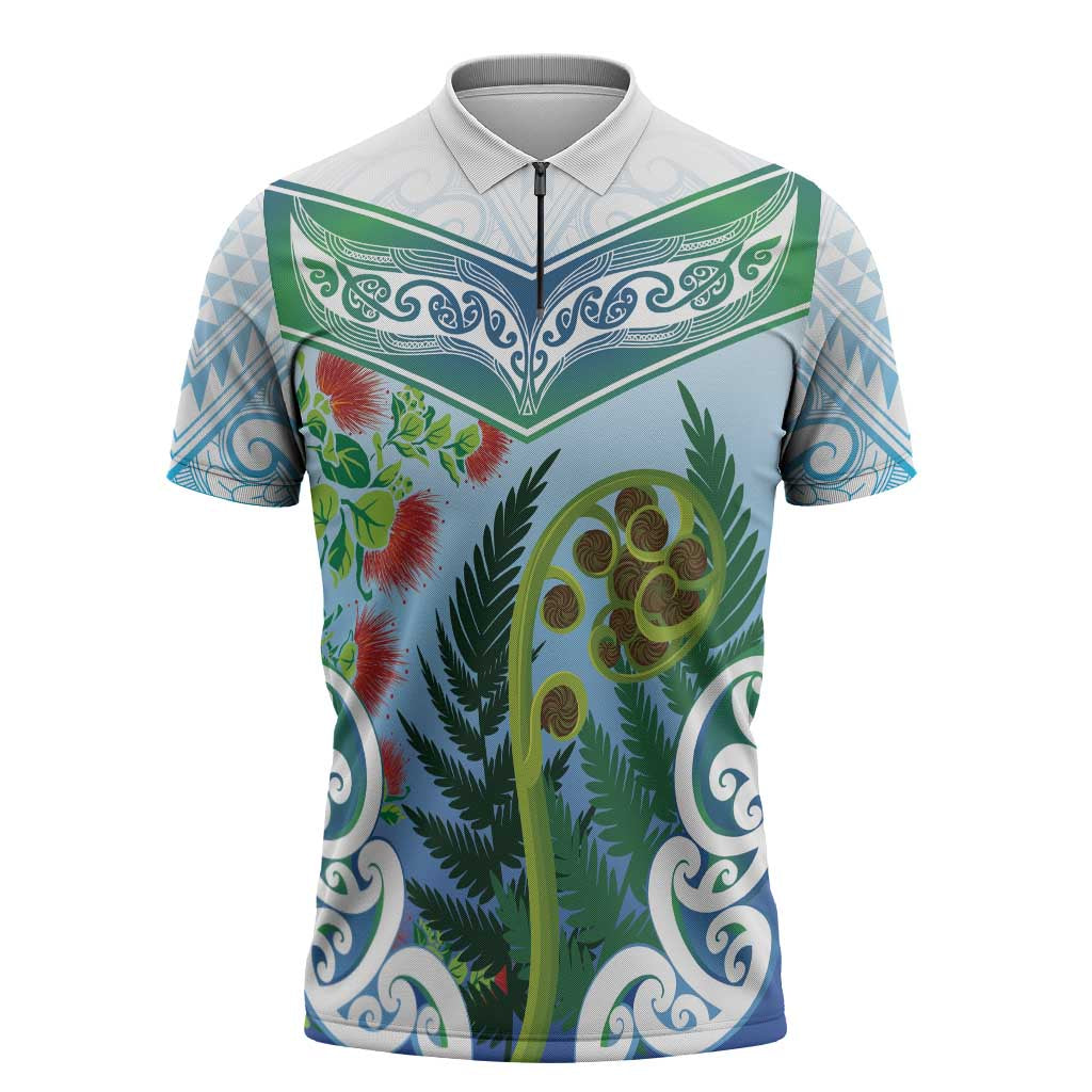 Aotearoa New Zealand Natural Plants Zipper Polo Shirt Pohutukawa with Silver Ferns Koru Frond Maori Tattoos