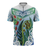 Aotearoa New Zealand Natural Plants Zipper Polo Shirt Pohutukawa with Silver Ferns Koru Frond Maori Tattoos