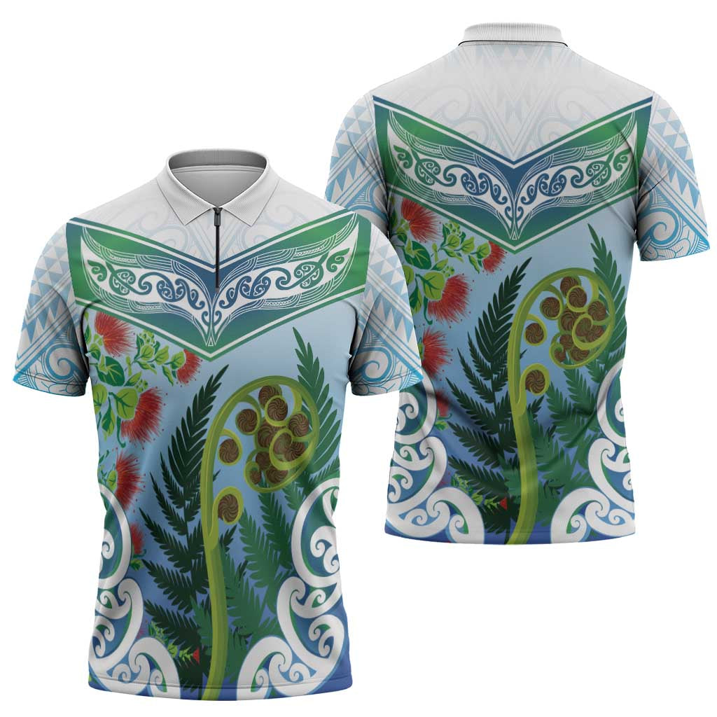 Aotearoa New Zealand Natural Plants Zipper Polo Shirt Pohutukawa with Silver Ferns Koru Frond Maori Tattoos