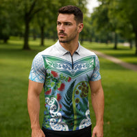 Aotearoa New Zealand Natural Plants Zipper Polo Shirt Pohutukawa with Silver Ferns Koru Frond Maori Tattoos