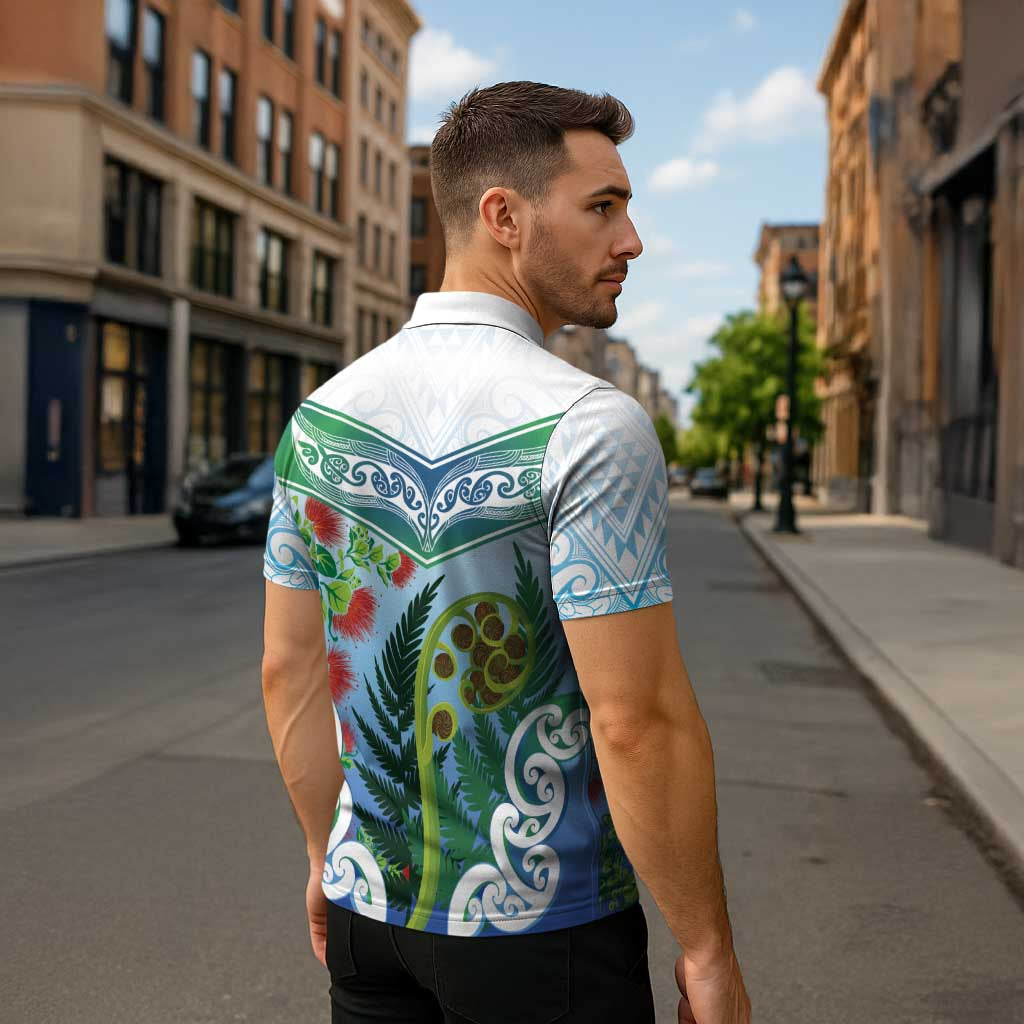 Aotearoa New Zealand Natural Plants Zipper Polo Shirt Pohutukawa with Silver Ferns Koru Frond Maori Tattoos