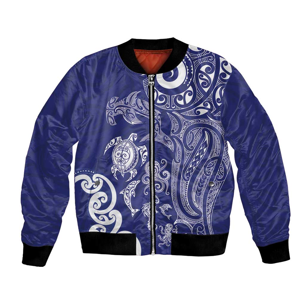New Zealand Sea Animals with Maori Tribal Tattoo Bomber Jacket Blue Color