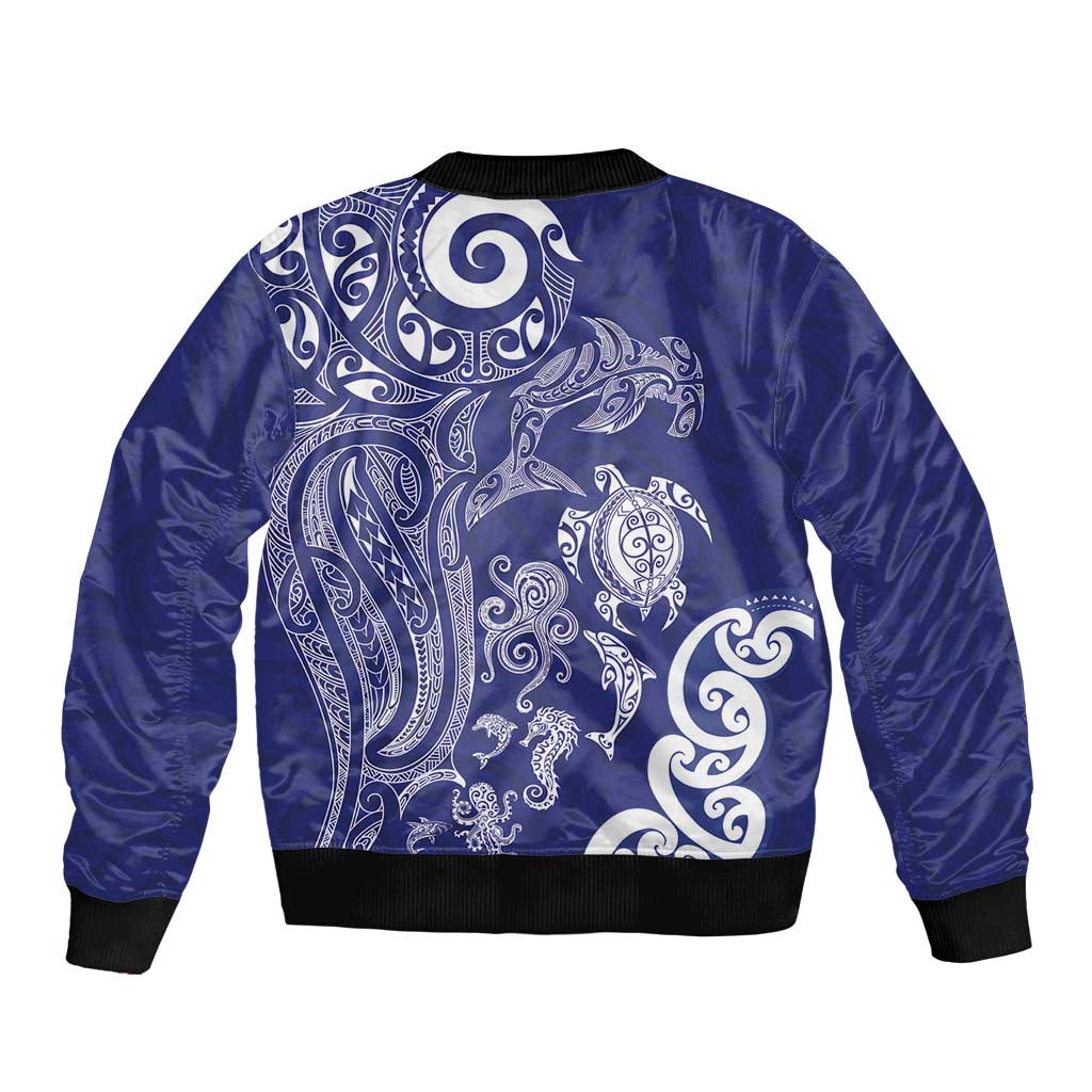 New Zealand Sea Animals with Maori Tribal Tattoo Bomber Jacket Blue Color