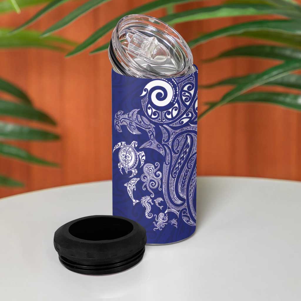 New Zealand Sea Animals with Maori Tribal Tattoo 4 in 1 Can Cooler Tumbler Blue Color