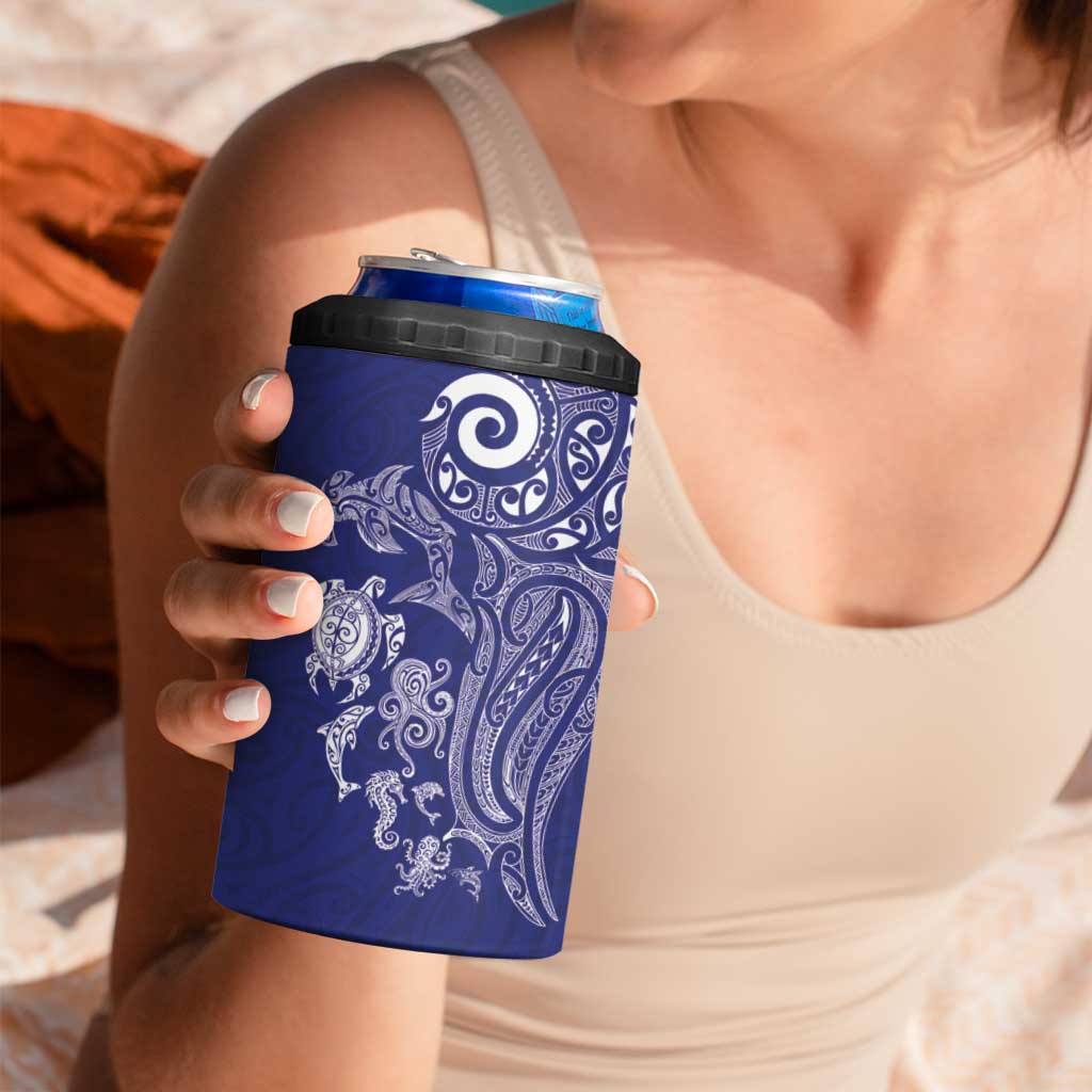 New Zealand Sea Animals with Maori Tribal Tattoo 4 in 1 Can Cooler Tumbler Blue Color
