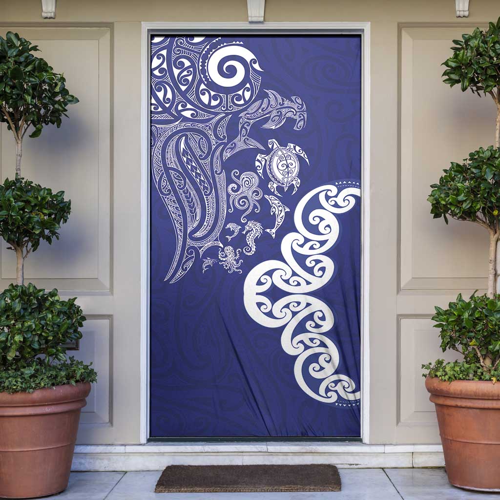 New Zealand Sea Animals with Maori Tribal Tattoo Door Cover Blue Color