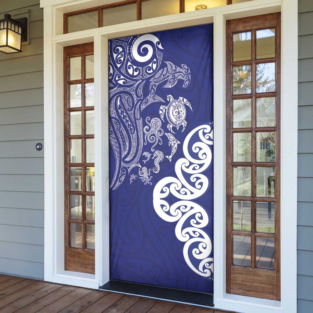 New Zealand Sea Animals with Maori Tribal Tattoo Door Cover Blue Color