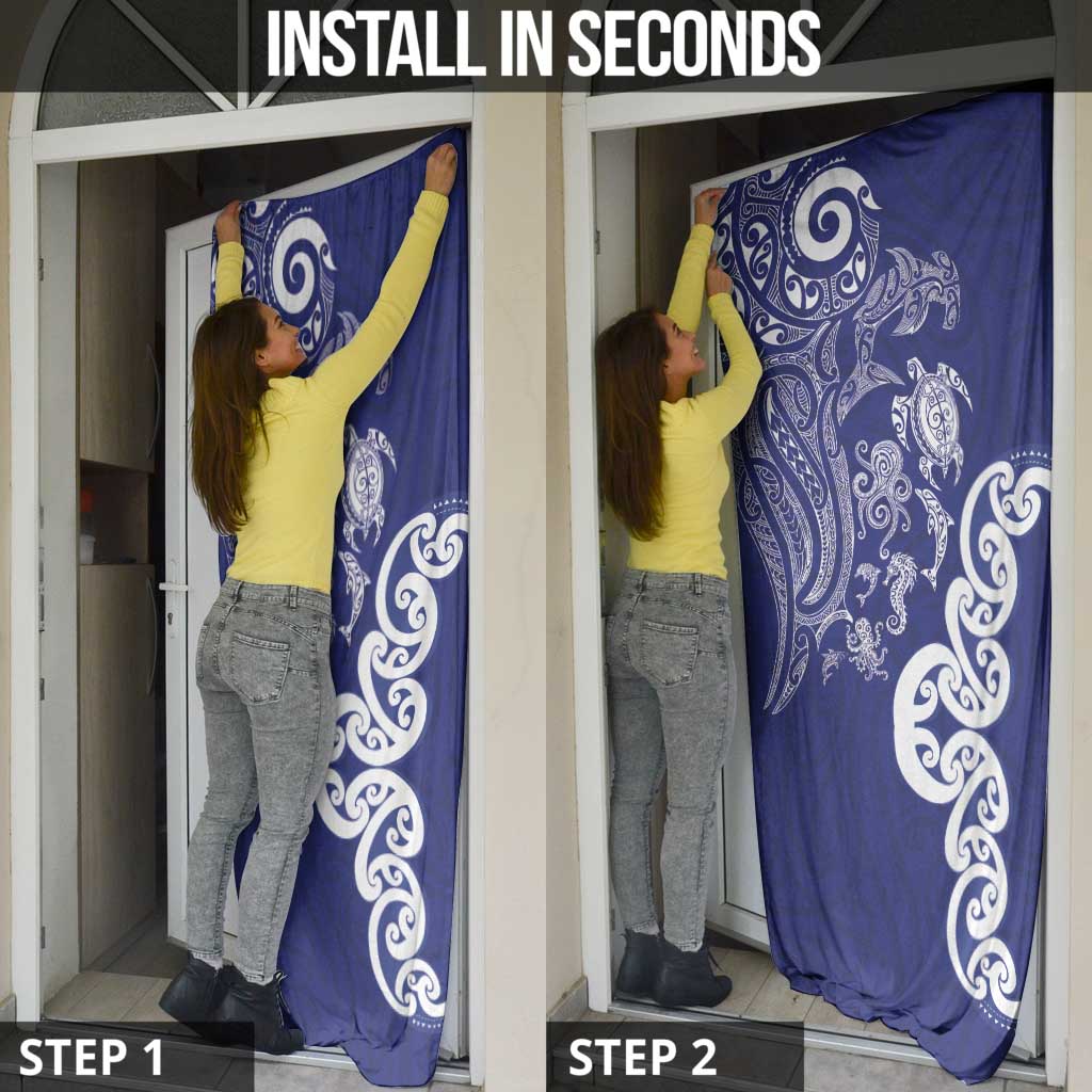 New Zealand Sea Animals with Maori Tribal Tattoo Door Cover Blue Color