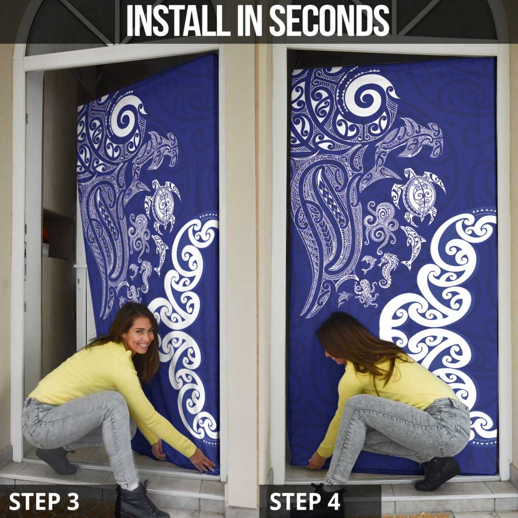 New Zealand Sea Animals with Maori Tribal Tattoo Door Cover Blue Color