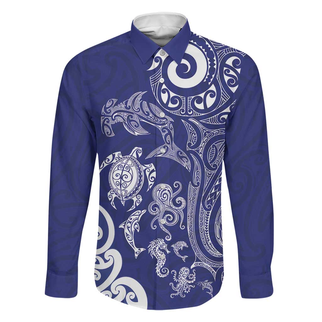 New Zealand Sea Animals with Maori Tribal Tattoo Family Matching Mermaid Dress and Hawaiian Shirt Blue Color LT03 Dad's Shirt - Long Sleeve Blue - Polynesian Pride