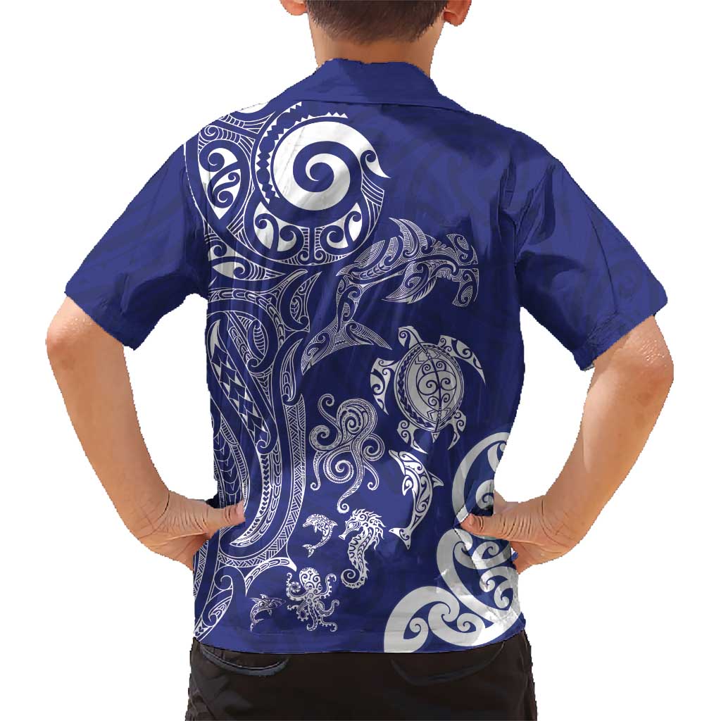 New Zealand Sea Animals with Maori Tribal Tattoo Family Matching Off Shoulder Short Dress and Hawaiian Shirt Blue Color LT03 - Polynesian Pride