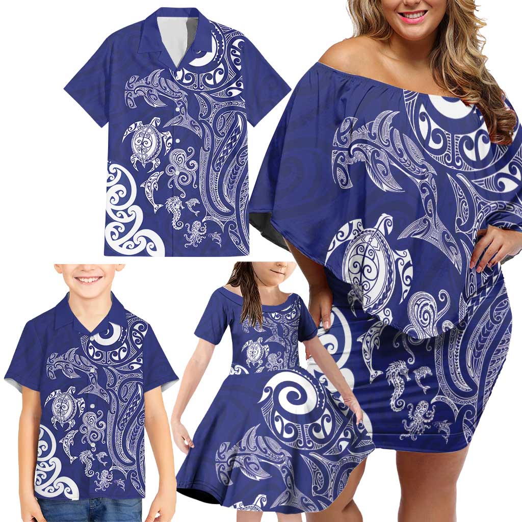 New Zealand Sea Animals with Maori Tribal Tattoo Family Matching Off Shoulder Short Dress and Hawaiian Shirt Blue Color LT03 - Polynesian Pride