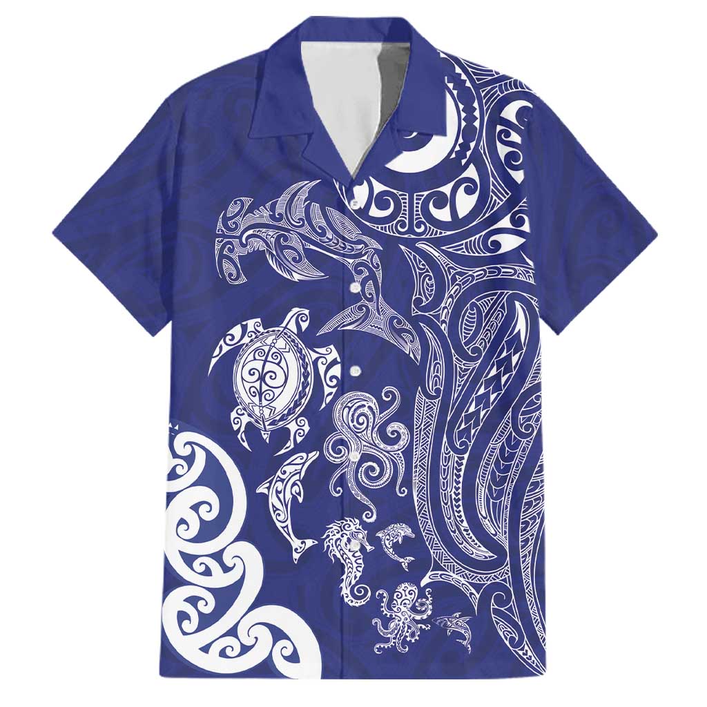 New Zealand Sea Animals with Maori Tribal Tattoo Family Matching Off Shoulder Short Dress and Hawaiian Shirt Blue Color LT03 Dad's Shirt - Short Sleeve Blue - Polynesian Pride