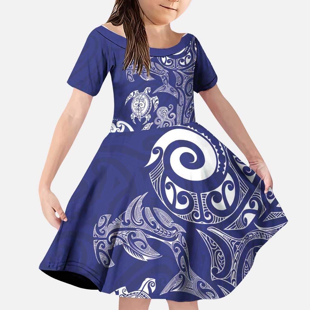 New Zealand Sea Animals with Maori Tribal Tattoo Family Matching Tank Maxi Dress and Hawaiian Shirt Blue Color LT03 Daughter's Dress Blue - Polynesian Pride