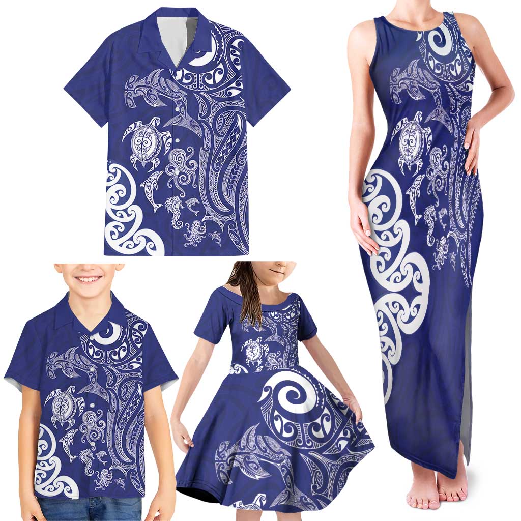 New Zealand Sea Animals with Maori Tribal Tattoo Family Matching Tank Maxi Dress and Hawaiian Shirt Blue Color LT03 - Polynesian Pride