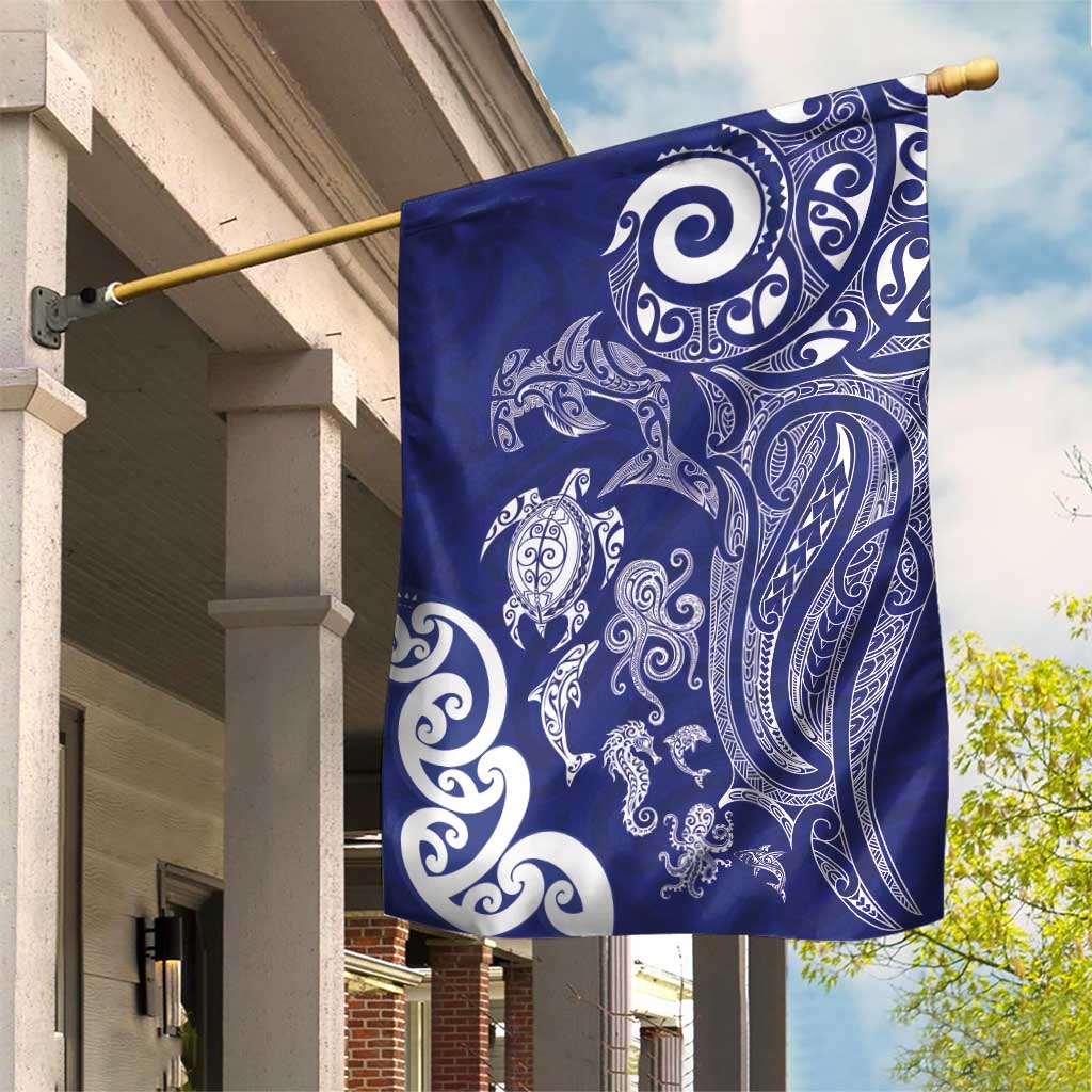 New Zealand Sea Animals with Maori Tribal Tattoo Garden Flag Blue Color