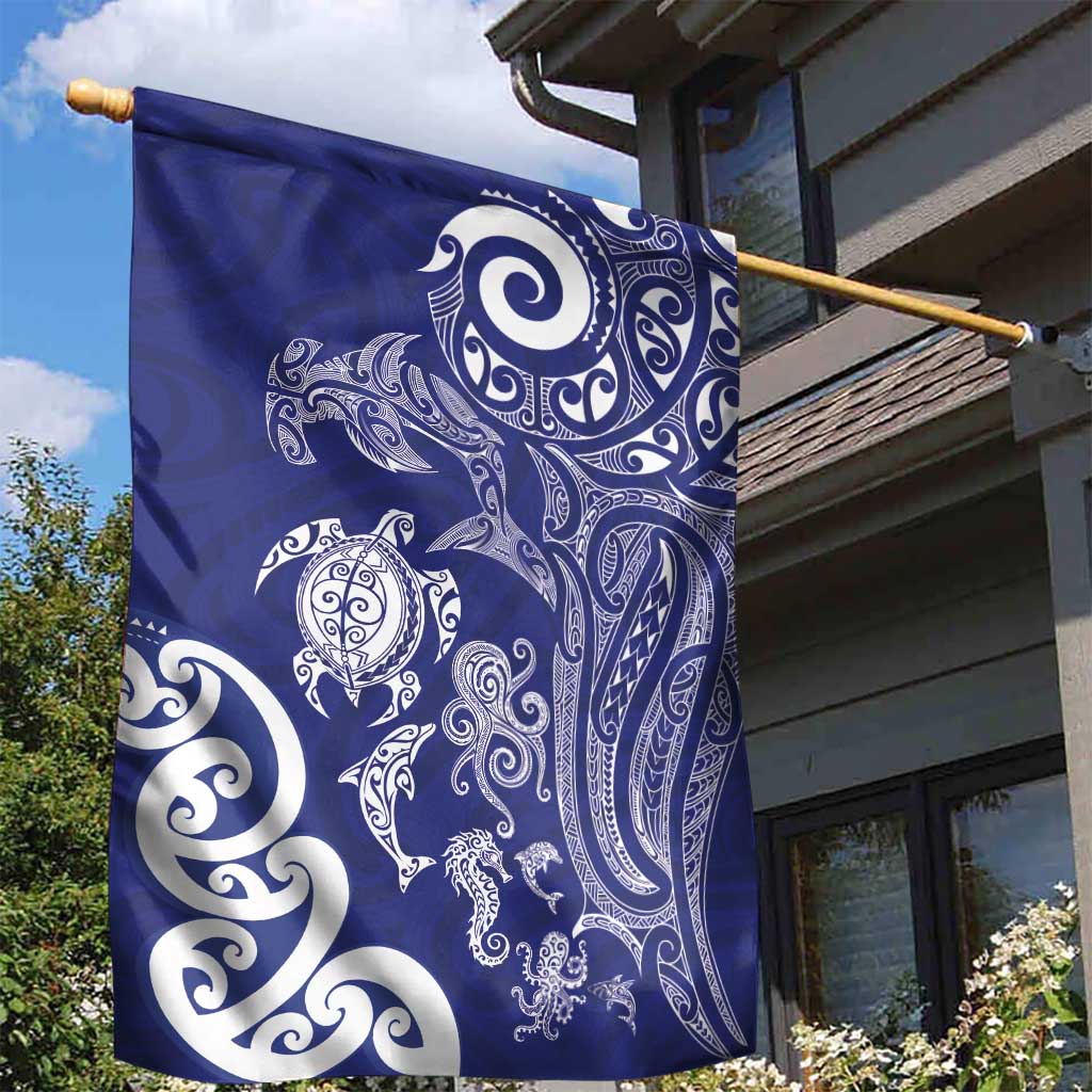 New Zealand Sea Animals with Maori Tribal Tattoo Garden Flag Blue Color
