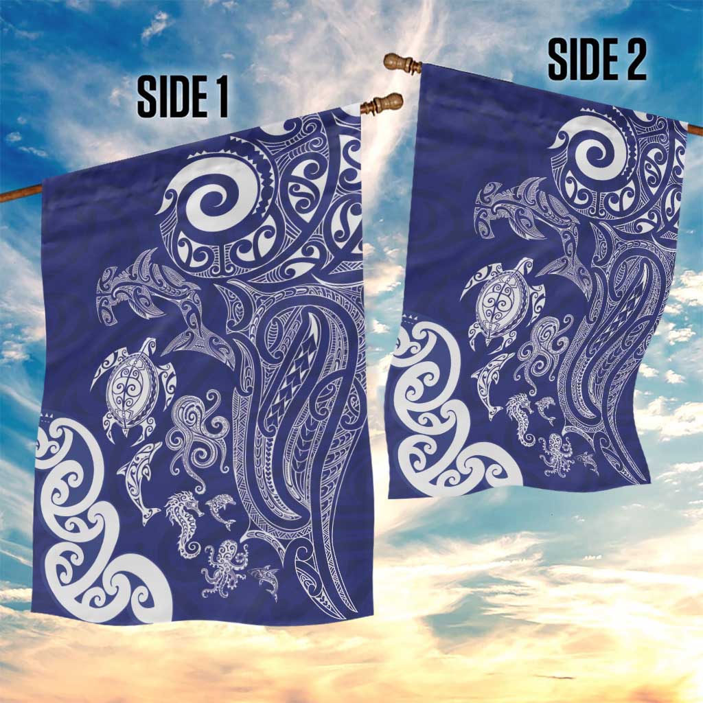 New Zealand Sea Animals with Maori Tribal Tattoo Garden Flag Blue Color