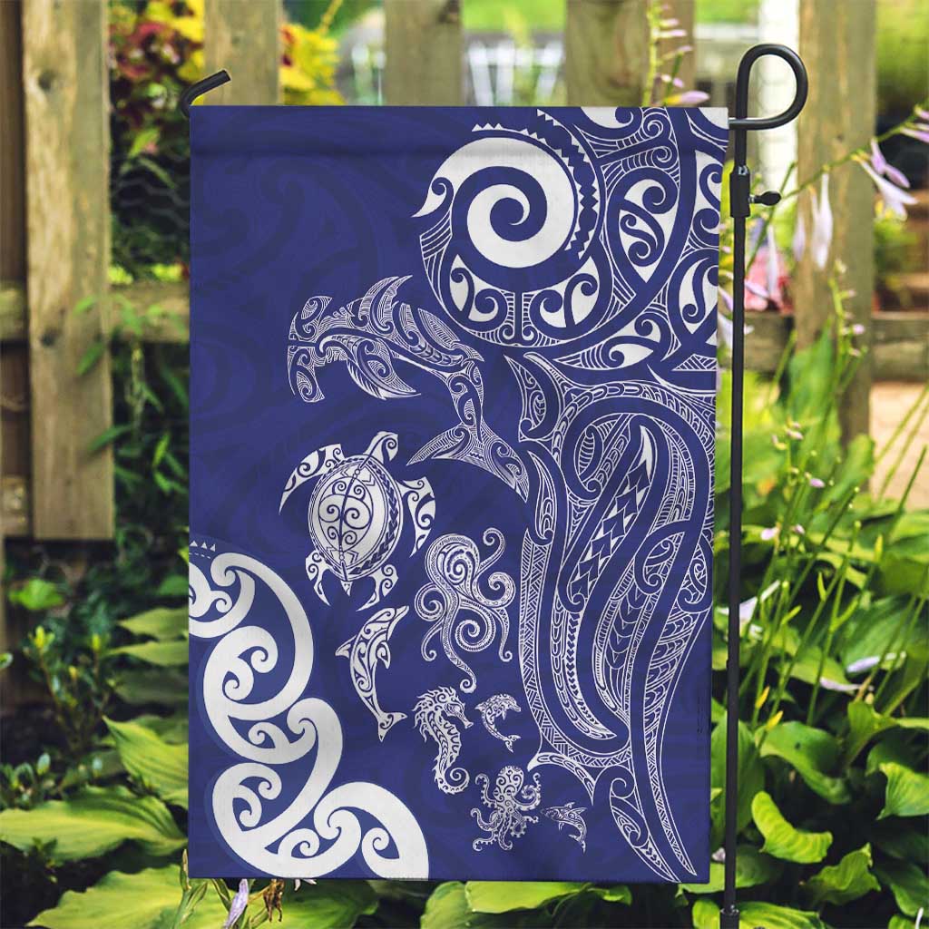 New Zealand Sea Animals with Maori Tribal Tattoo Garden Flag Blue Color