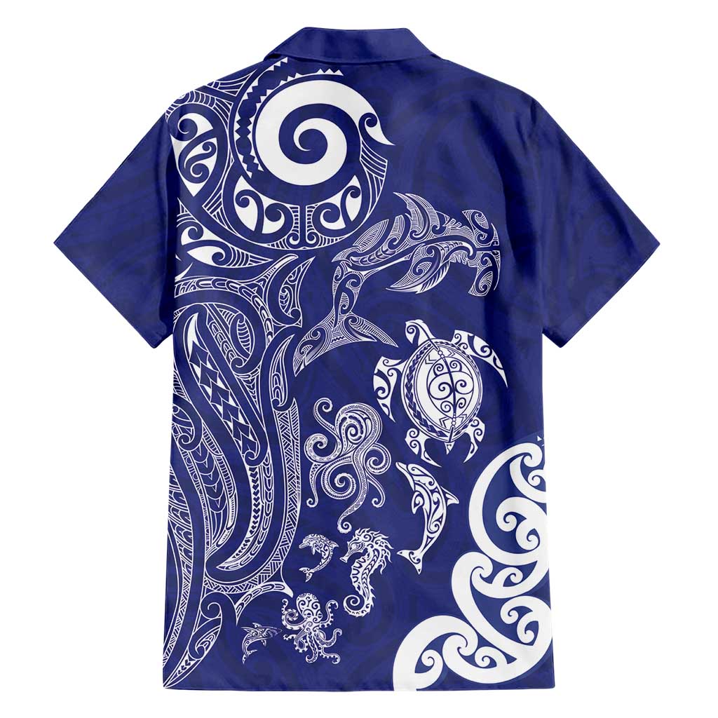New Zealand Sea Animals with Maori Tribal Tattoo Hawaiian Shirt Blue Color