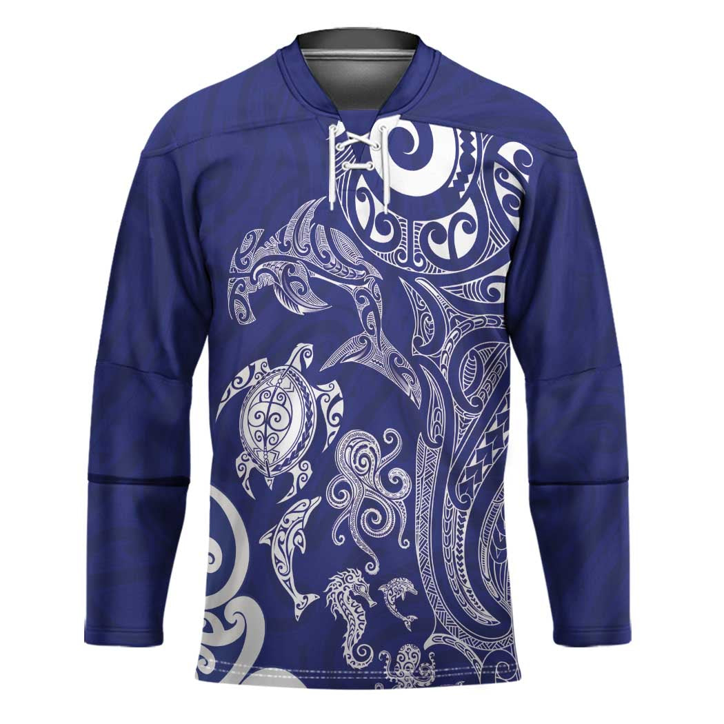 New Zealand Sea Animals with Maori Tribal Tattoo Hockey Jersey Blue Color