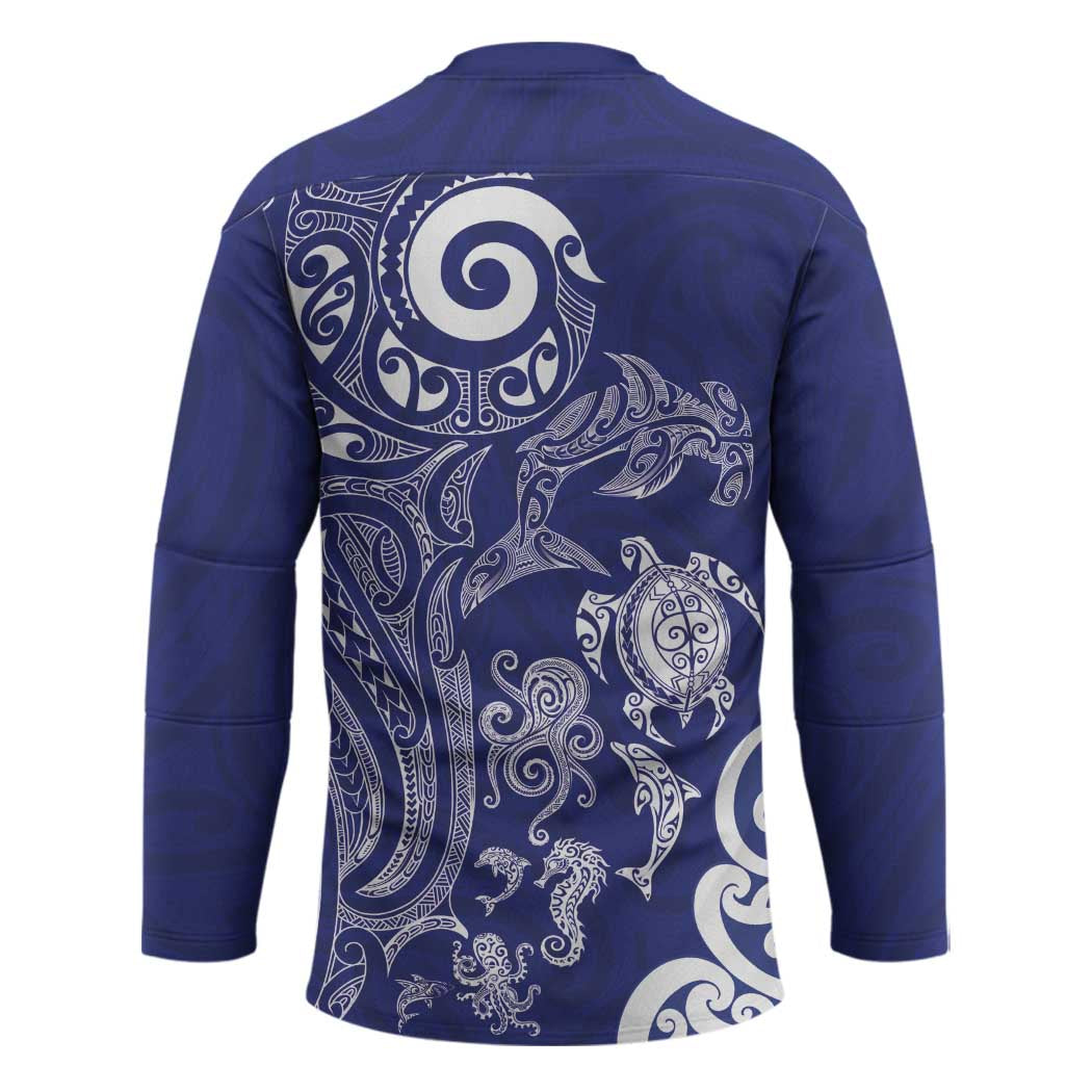 New Zealand Sea Animals with Maori Tribal Tattoo Hockey Jersey Blue Color