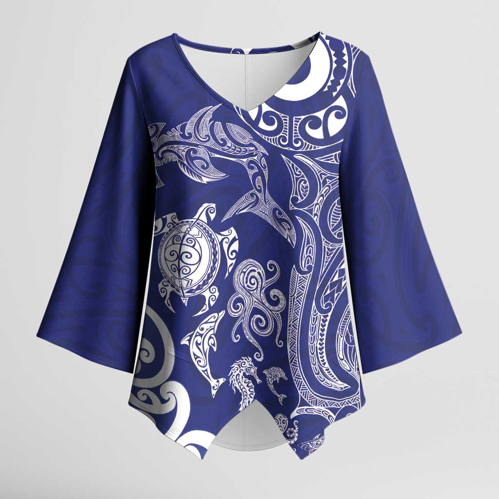 New Zealand Sea Animals with Maori Tribal Tattoo Kimono Sleeve Blouse Blue Color