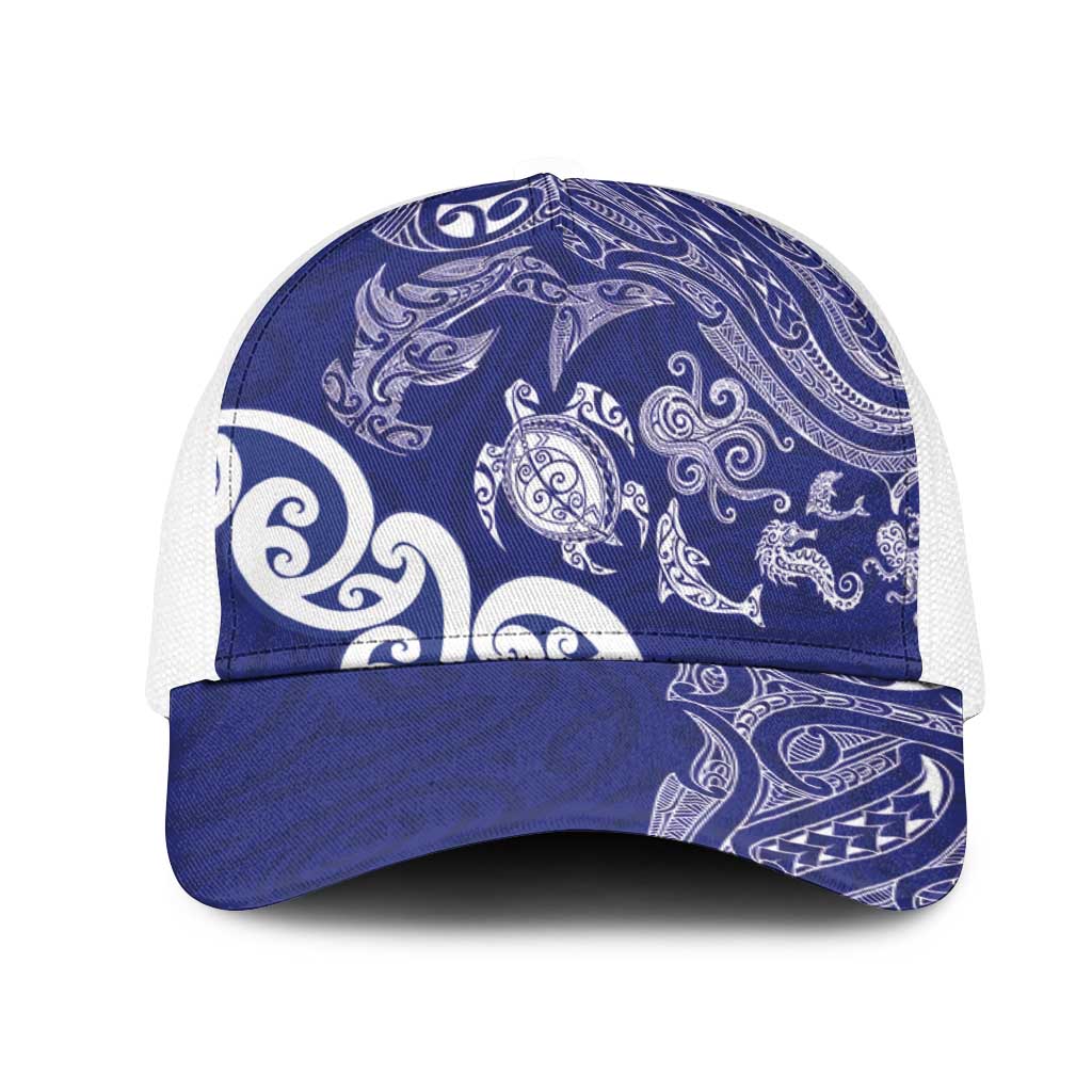 New Zealand Sea Animals with Maori Tribal Tattoo Mesh Trucker Cap Blue Color