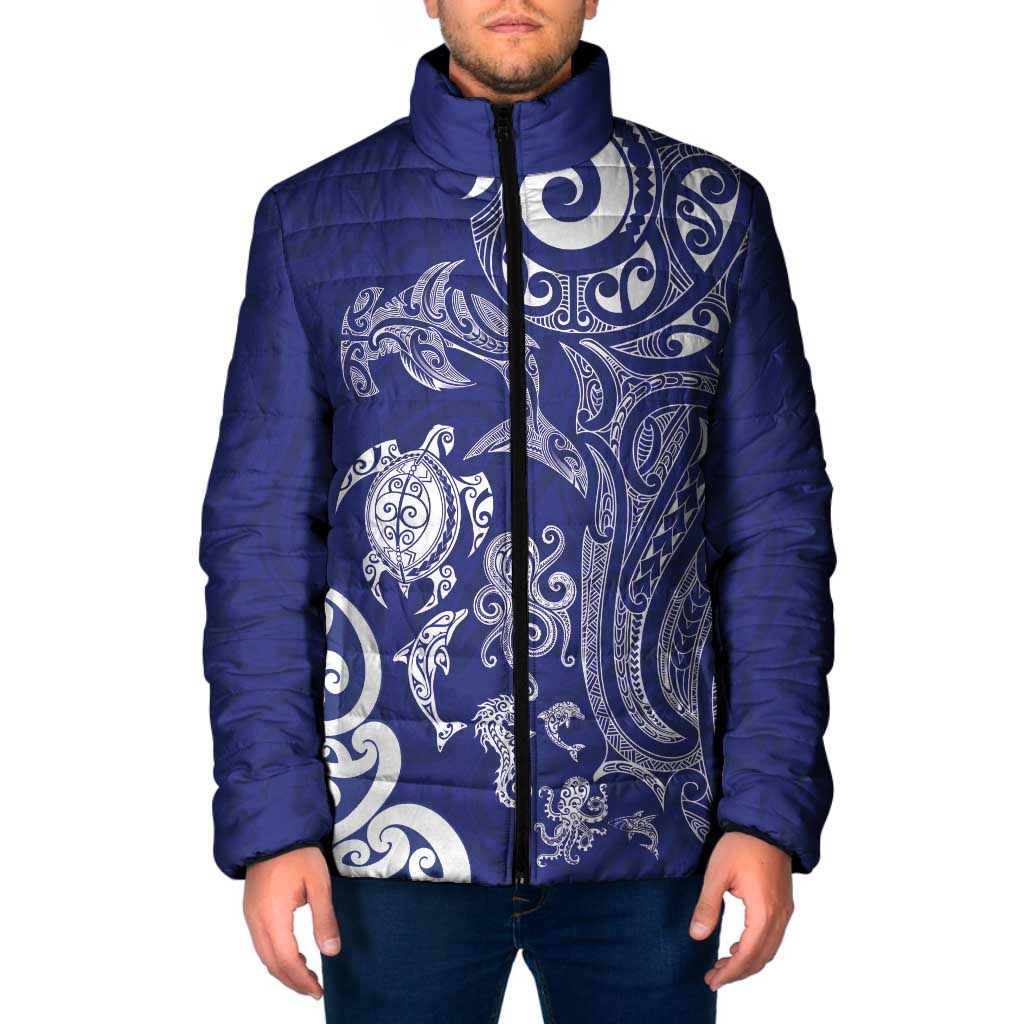 New Zealand Sea Animals with Maori Tribal Tattoo Padded Jacket Blue Color