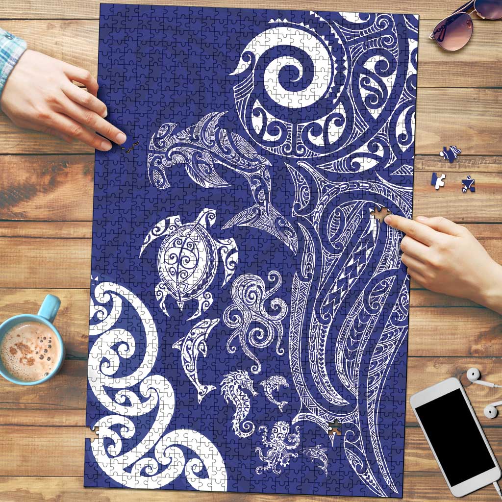 New Zealand Sea Animals with Maori Tribal Tattoo Puzzle Blue Color