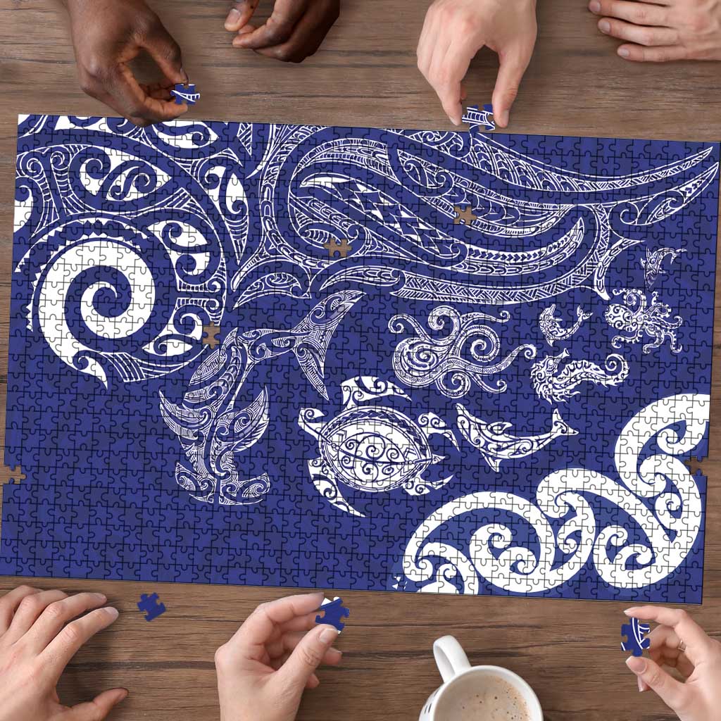 New Zealand Sea Animals with Maori Tribal Tattoo Puzzle Blue Color