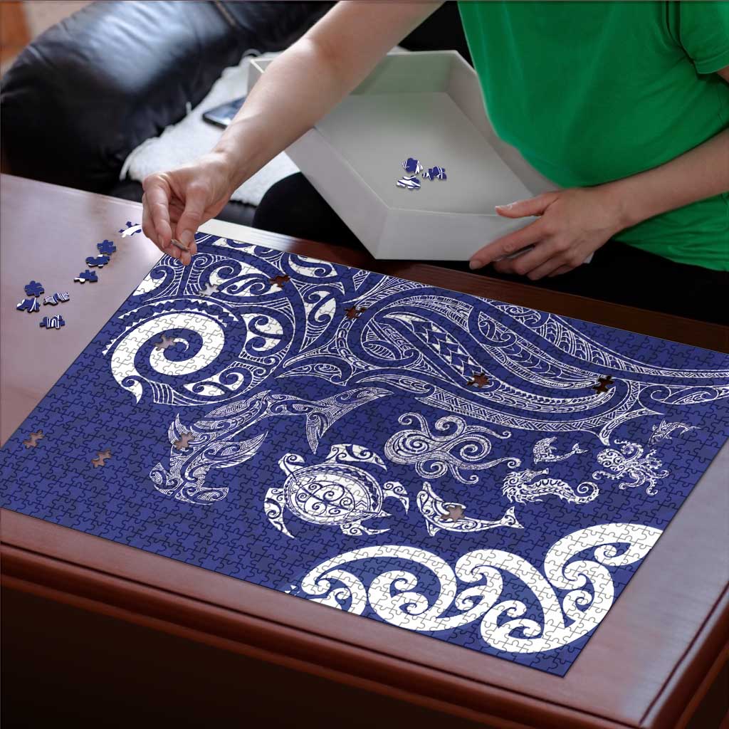 New Zealand Sea Animals with Maori Tribal Tattoo Puzzle Blue Color
