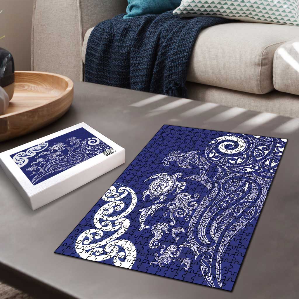 New Zealand Sea Animals with Maori Tribal Tattoo Puzzle Blue Color