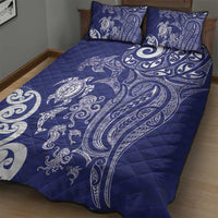 New Zealand Sea Animals with Maori Tribal Tattoo Quilt Bed Set Blue Color